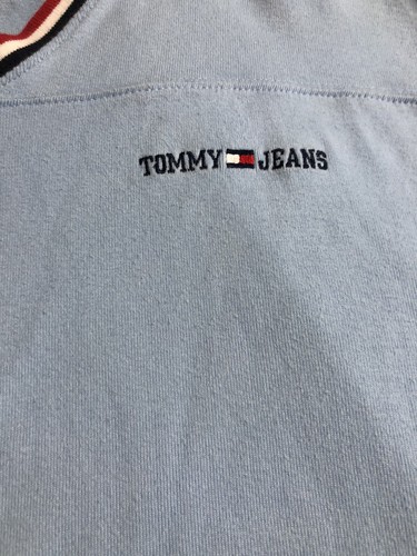 T-shirt uomo vintage Tommy Hilfiger Tommy Jeans blu scritta scollo a V grande XL - Foto 2 di 10