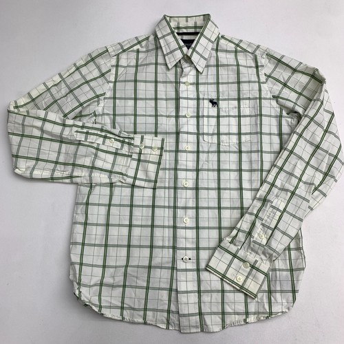 Abercrombie Button Up Shirt Boys Teen X-Large Long Sleeve Cream Green Checkered - Picture 1 of 8