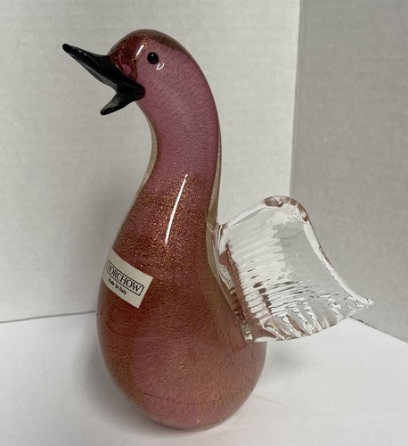 Horchow ART GLASS ITALY HAND BLOWN DUCK BIRD FIGURINE Gold Flecks Black & Purple