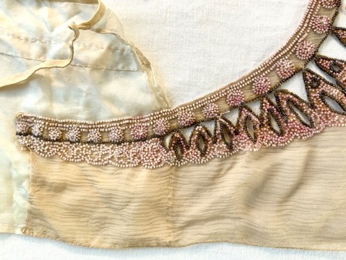 Antique Vintage Beaded Garment Top Bib Yoke Collar Nude Crepe Peplum Hand Sewn - Picture 7 of 23
