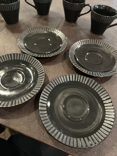 Sango Patio Black Coffee Mugs Set, 4 Cups 4 Saucers, Black Stripes Solid Vintage - Picture 8 of 17