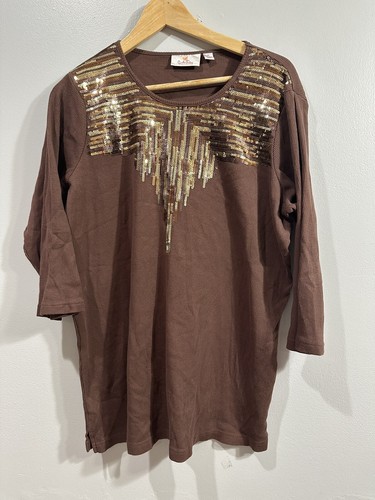 Quacker Factory Women's Brown Ombre Embellished 3/4 Sleeve Pullover Size XL Top