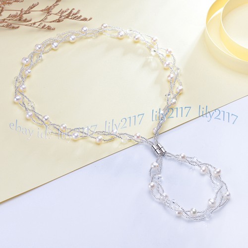 7-8mm Genuine Natural Freshwater White Pearl Crystal Necklace Bracelet Set 18'' - Picture 5 of 10