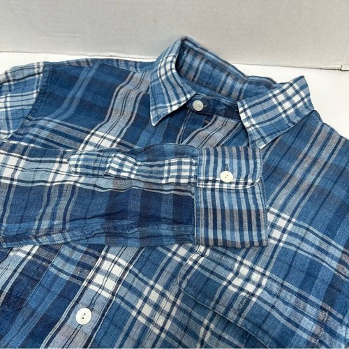Camisa Polo Ralph Lauren 100 % lino índigo azul a cuadros 1/2 botón delantero talla mediana - Imagen 1 de 5