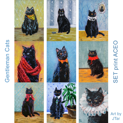 SET 9 ACEO Print Gentleman Cat bow tie portrait Painting - Picture 3 of 8