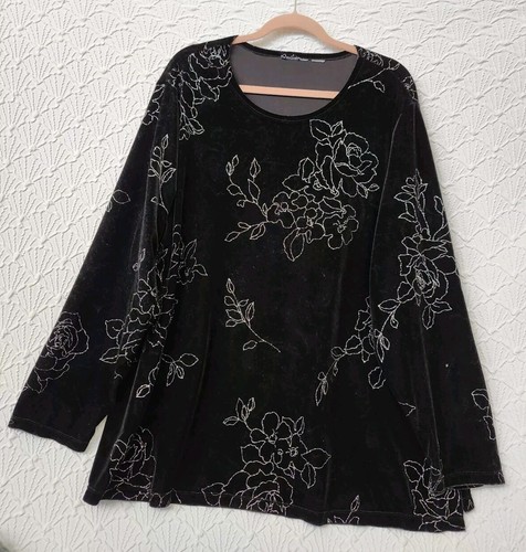 Damen Bluse Markenlos 3X Schwarz Samtgefühl mit Silber Blumen Sehr Hübsch 