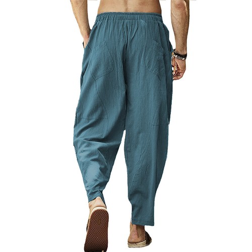 Mens Cotton Linen Wide Leg Trousers Casual Drawstring Elastic Waist Loose Pants - Picture 13 of 31