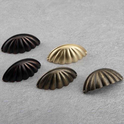 Shell Cup Handles Antique Brass Half Moon Vintage Cupboard Drawer Pulls Door - Picture 3 of 21