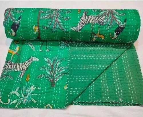 Indian Kantha Quilt Cotton Handmade Bedspread Bedding Jungle Green Throw Blanket