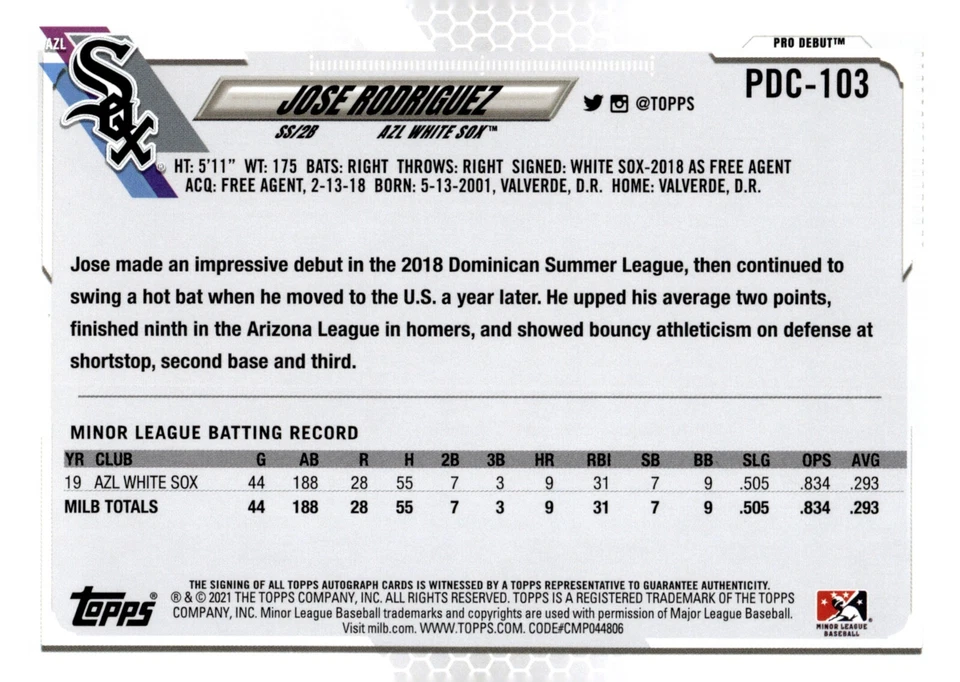 Jose Rodriguez - 2021 Topps Pro Debut Autograph Card #PDC-103 - White Sox - Image 2 of 2