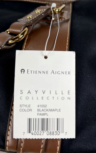 Etienne Aigner Saville Collection Black Cotton Brown Faux Leather Trim Satchel - Picture 12 of 13