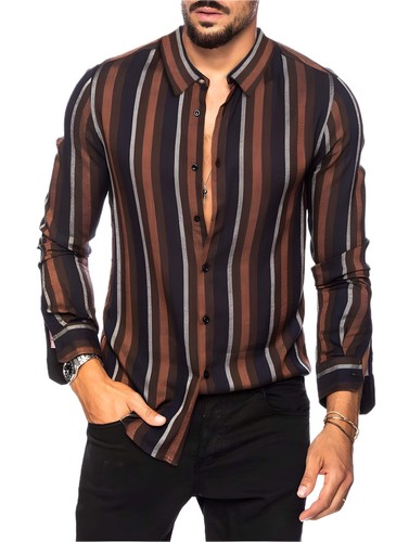 Slim-Fit Striped Long-Sleeved Men's Shirt with Square Collar - Lightweight Multi - Picture 9 of 21