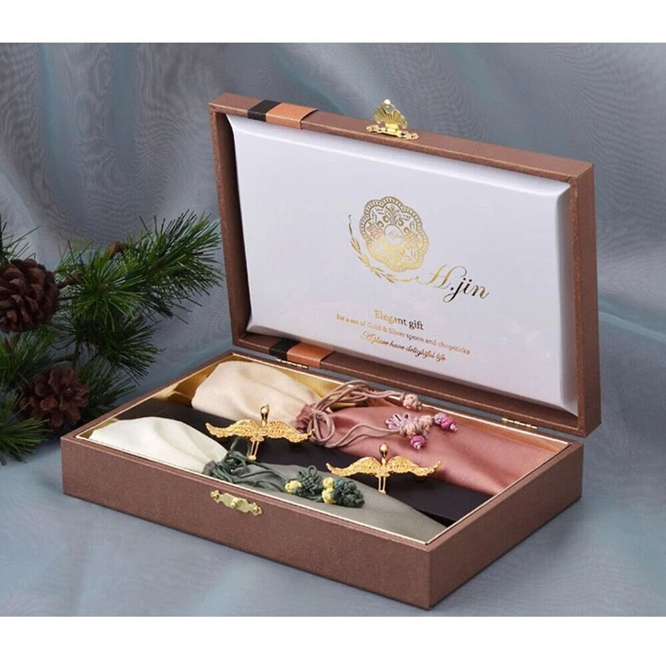 Silk Twin Crane Titanium Gold Korean Spoon Chopsticks Set / Elegant Gift - Image 4 of 4