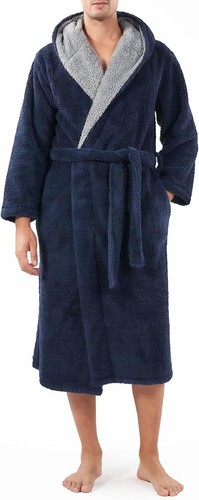 Men's Plush Fleece Bathrobe Full Length Hooded Warm Soft Robe with Pockets Belt - Picture 5 of 29