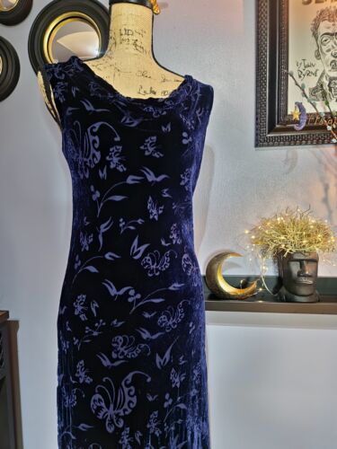 Vintage 90s Midnight Blue Long Whimsical Butterfly Dress Size Large (UK 14/16) - Picture 2 of 10