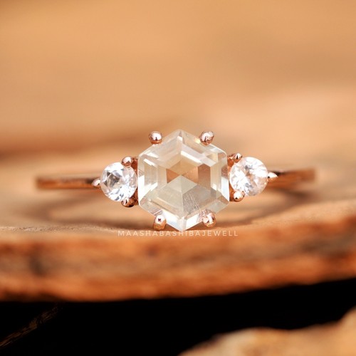 Hexagon Natural Aquamarine Ring Engagement Rings Promise Ring Minimalist Ring - Picture 2 of 8