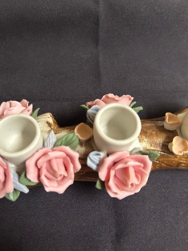 VTG PORCELAIN 3 TAPER CANDLE HOLDER with 6 PINK ROSES & BLUE BUDS ON A LOG - Picture 12 of 13