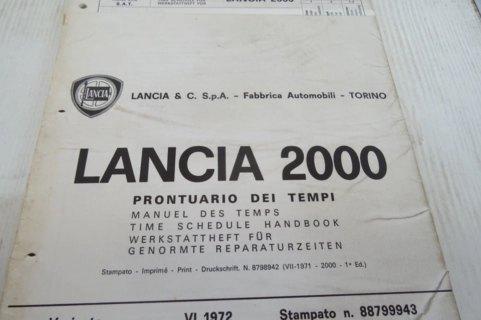 Lancia 2000 prontuario dei tempi 1972 - Immagine 2 di 4