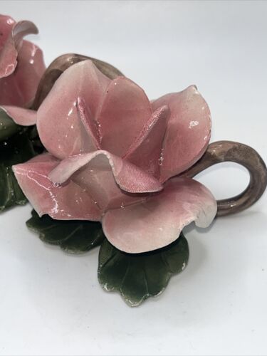 VTG pair Capodimonte PINK ROSE CANDLE HOLDERS Figurine Handle Candlestick Italy - Picture 2 of 13