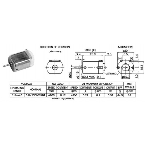 6V DC Motor with Wire Leads, 9,000 RPM, ⌀2mm Shaft (0.98" x 0.79" x 0.59" Body) - Picture 3 of 3
