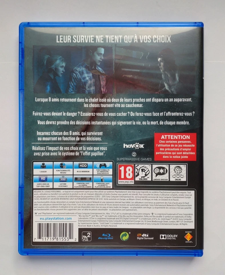 UNTIL DAWN Playstation 4 (PS4) PAL FR complet, photo 2 sur 5