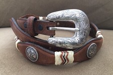 Awesome Old Western Vintage Sz 32 Leather Belt Silver Concho  Ranger Buckle Set