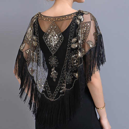 Women Retro Sequined Mesh Shawl with Tassels Beaded Fringe Sheer Cape Cover - Picture 2 of 23