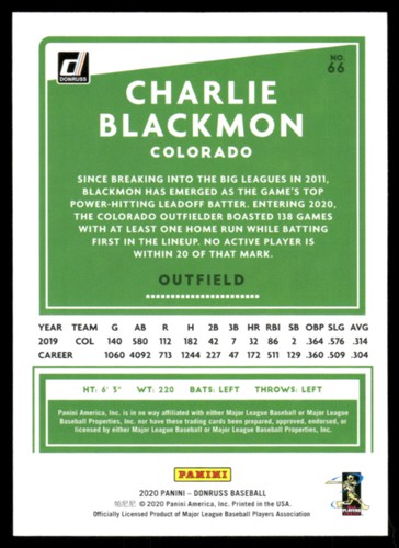 2020 Donruss #66 Charlie Blackmon - Picture 2 of 2