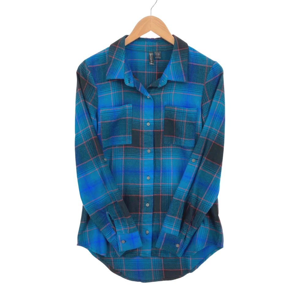 FULL TILT 女式蓝色格子 100% 棉卷边袖纽扣衬衫 S 码 — 第 2/4 张图片