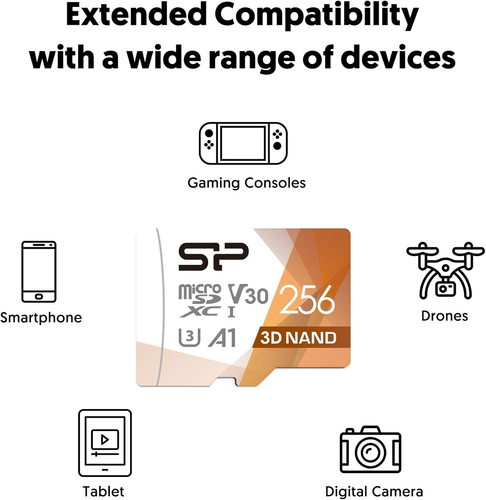 Silicon Power 256GB Micro SD Card U3 SDXC up to 100Mb/S High Speed Memory Card w - Picture 7 of 12