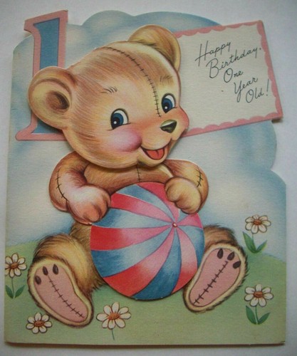 50er Jahre Bär bewegliche Teile Baby erster 1. Geburtstag Grußkarte *A5 - Bild 4 von 6