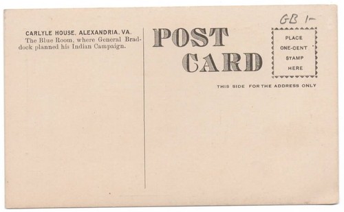 ALEXANDRIA VA Postcard CARLYLE HOUSE SKETCH Blue Room MAJOR-GENERAL BRADDOCK - Picture 2 of 2