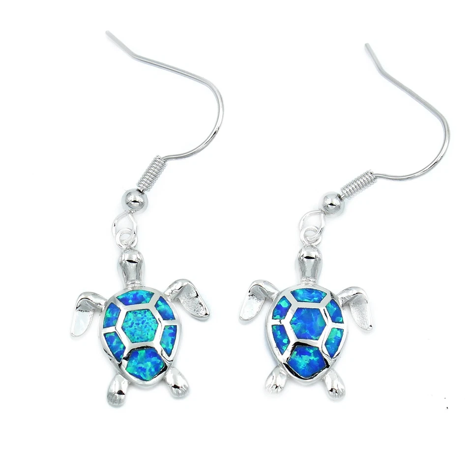 Blue Fire Opal Inlay Turtles Dangle earrings Hook 925 Sterling Silver Earrings - Image 2 of 4