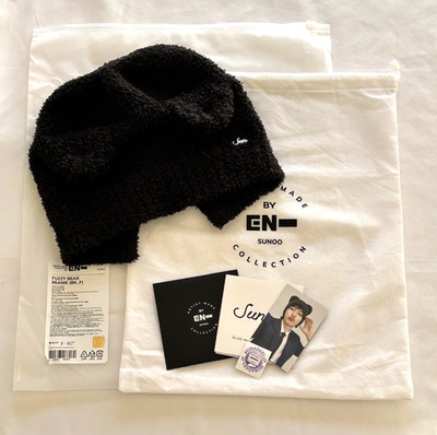 Artist-Made Collection BY ENHYPEN SUNOO FUZZY BEAR BEANIE BLACK Full Set New