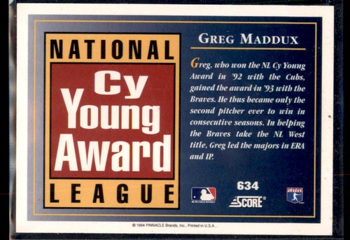 1994 Score Greg Maddux Atlanta Braves #634 - Picture 2 of 2