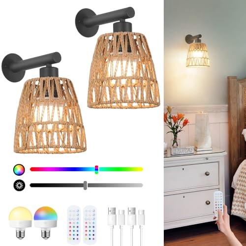 Boho Battery Operated Wall Sconces, Rattan Wall Sconce Set of 2 with Remote, - Picture 2 of 8