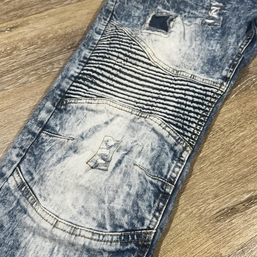 Marc Ecko Cut & Sew Moto Jeans Acid Wash Light Distressed Blue Denim Size 38x32 - Picture 11 of 22