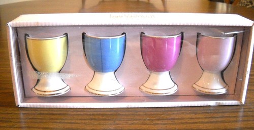 Set of 4 Colorful Porcelain Egg Cups w/Flower Inside ~ Yellow, Blue, Mauve, Pink - Picture 2 of 4