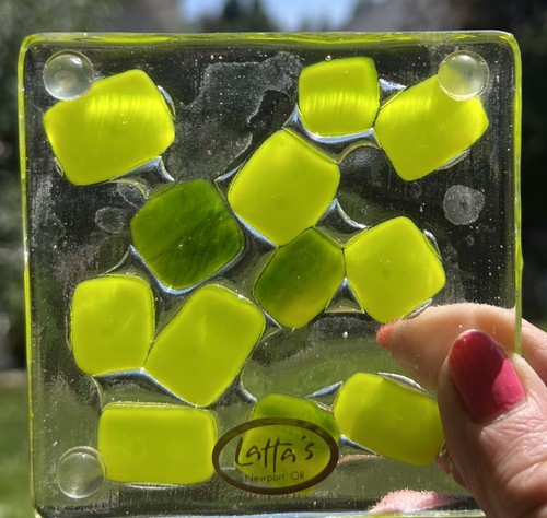 Latta’s Set Of 4 Fused Art Glass Green Colorful Retro Drink Coasters 4" Squar - Picture 2 of 6