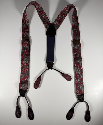 CAS Suspenders Paisley Maroon Blue Burgundy Leather Button Braces Germany Gold - Picture 1 of 11