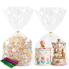 100 PCS Cellophane Treat Bags Gusseted 7x12x3.15 Inch Clear Flat Bottom Ties