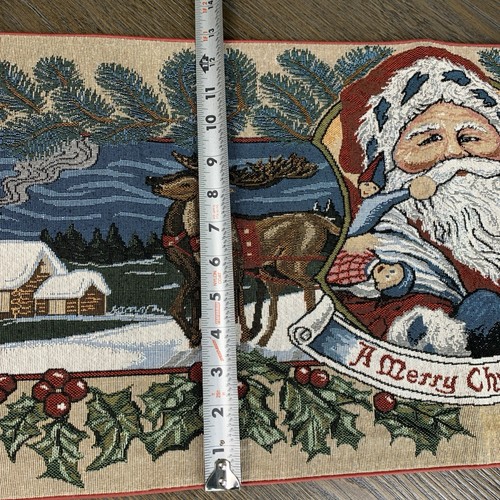 “A Merry Christmas” Tapestry Santa Sleigh Reindeer Holly Table Runner 13" X 36" - Picture 7 of 11