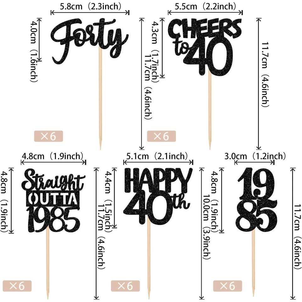 30 PIEZAS Toppers de Cupcakes Felices Negro Brillo Cuarenta para 40 Cumpleaños, Boda An... Foto 2 de 4