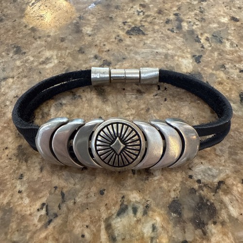 Indian Magnetic Leather Bracelet " Amusement " Jewelry Black Silver 8"