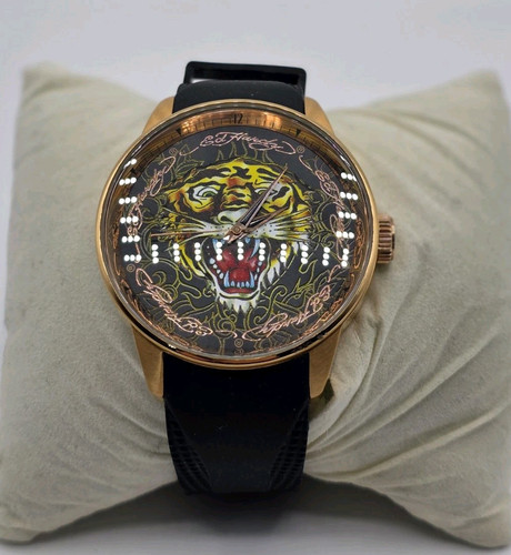 Ed Hardy Tiger Men's Matte Black Silicone Strap Watch Japan Movement New Battery - Picture 1 of 14