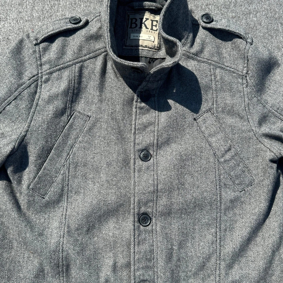 Chaqueta BKE Gris Espiga Mezcla de Lana Abotonada Para Hombre L Calce Ajustado Estilo Militar Foto 4 de 4