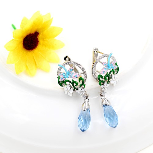 Dangle Dragonfly Flower Earrrings, White Gold Plated Pierced Waterdrop Epoxy Ear - Bild 3 von 9