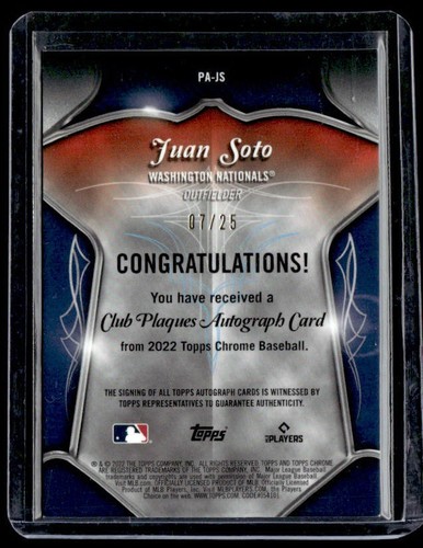Juan Soto 2022 Topps Chrome Club Plaques Auto Orange /25 #PA-JS Nationals - Picture 2 of 2