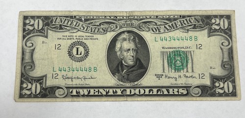 1963A $20 Fancy Serial Number 6 of a Kind 4s L44344448B - Picture 1 of 7