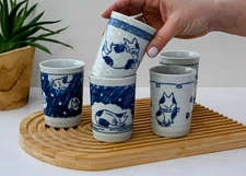 Set of 5 Japanese Cat Cups — Mino Ware — Made in Japan — 6 oz